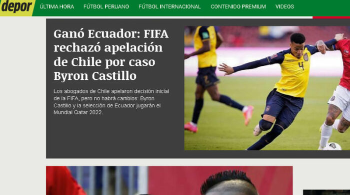 Imagen del portal Depor sobre el anuncio de la FIFA respecto al caso de Byron Castillo. Foto: Captura de pantalla