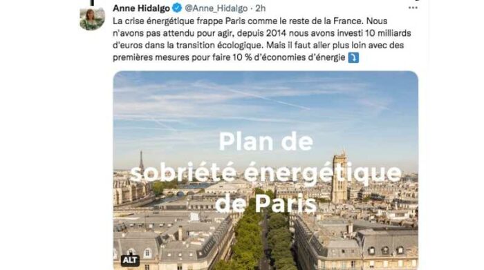 El mensaje de la alcaldesa de París sobre su plan de reducción energética. Foto: Captura de imagen del Twitter@Anne_Hidalgo