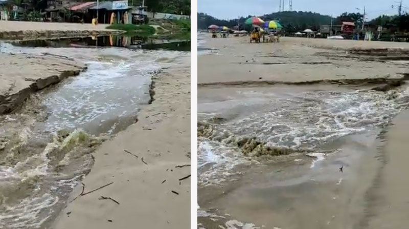 El video de las aguas servidas que se descargan directo en la playa de Montañita generó reacciones en redes sociales. Foto: Captura de pantalla