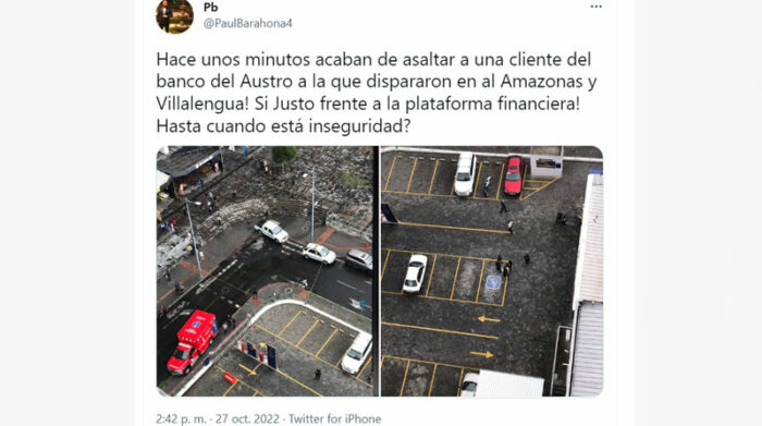 Usuarios de redes sociales alertaron el hecho violento, durante un asalto al cliente de un banco en Quito. Foto: Captura de pantalla