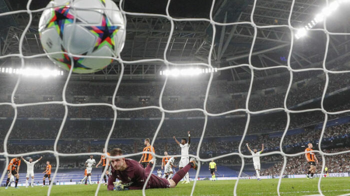 El momento de un gol del Real Madrid ante Shaktar Donetsk en la Champions League el 5 de octubre del 2022. Foto: EFE