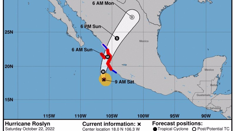 Una imagen de la trayectoria del hiracán Roslyn. Este 21 de octubre de 2022 el huracán Roslyn estaba en categoría 1, en 24 horas ascendió a categoría 4 amenazando las costas del Pacífico mexicano. Foto: NHC