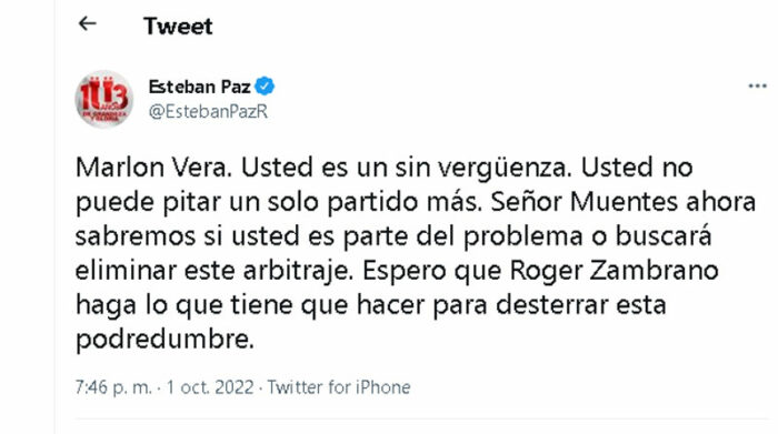 Esteban Paz criticó en Twitter el trabajo del árbitro Marlon Vera en el partido del 9 de Octubre contra Liga de Quito. Foto: Captura de pantalla