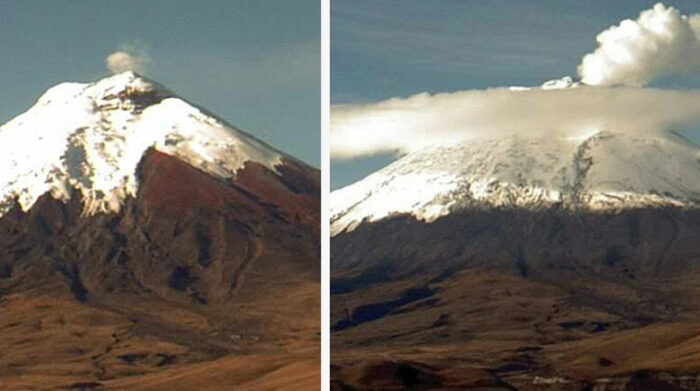 El comportamiento del volcán Cotopaxi cambió, según reportes del Instituto Geofísico. La imagen de la izquierda fue captada el pasado 14 de octubre. Días después, el 22 del mismo mes, el coloco emanó gas y ceniza. Fotos: Facebook Instituto Geofísico