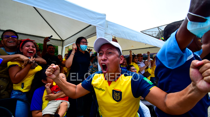 Decenas de ecuatorianos festejaron el tercer gol de Énner Valencia en el Mundial, en la plaza Guayarte, en el norte de Guayaquil. Foto: EL COMERCIO