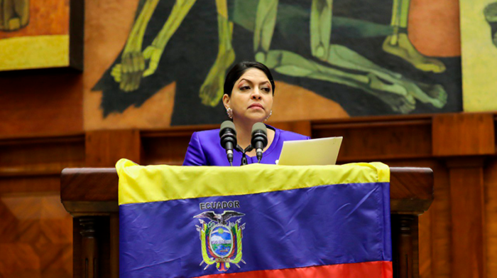 La consejera Ibeth Estupiñán llevó la bandera de Ecuador al hemiciclo de la Asamblea. Foto: Asamblea