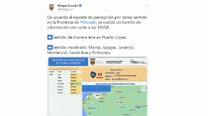 El Servicio de Riesgos emitió el reporte de percepción del sismo en Portoviejo, este 24 de noviembre de 2022. Foto: Twitter Riesgos