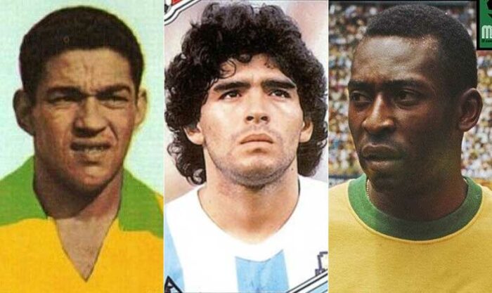 Garrincha, Diego Armando Maradona y Pelé. Fotos: archivo
