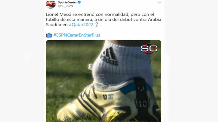 La imagen del tobillo de Messi llamó la atención de la prensa, durante un entrenamiento de la Selección de Argentina. Foto: Captura de pantalla