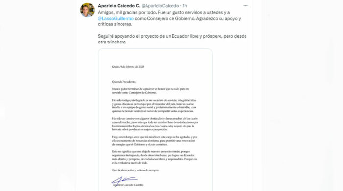 Aparicio Caicedo dijo que mantendrá su apoyo al proyecto político del Gobierno, pese a su renuncia. Foto: Captura de pantalla