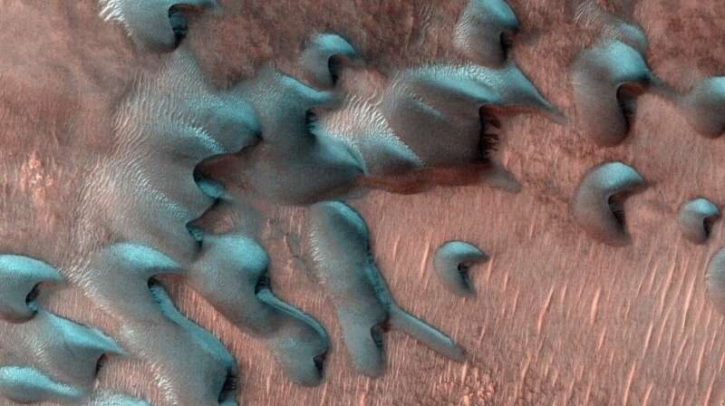 Esta imagen por el Mars Reconnaissance Orbiter de la NASA muestra dunas de arena moviéndose por el paisaje. La escarcha invernal cubre la mitad más fría de cada duna que mira al norte. Foto: Europa Press.