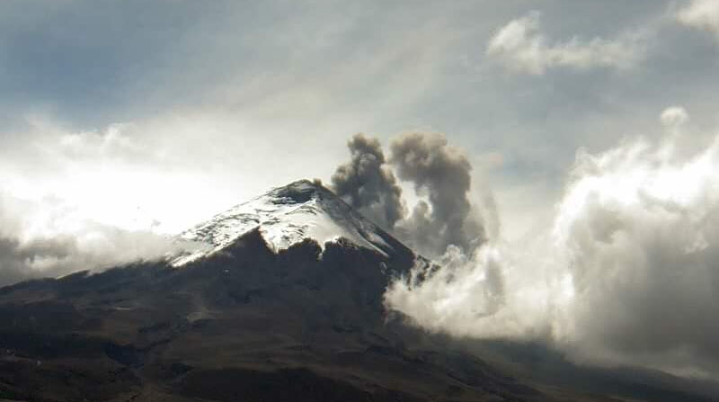 Este martes, 13 de diciembre, el volcán Cotopaxi expulsa una columna de ceniza que alcanzó los 500 metros sobre el nivel del cráter. Foto: Twitter