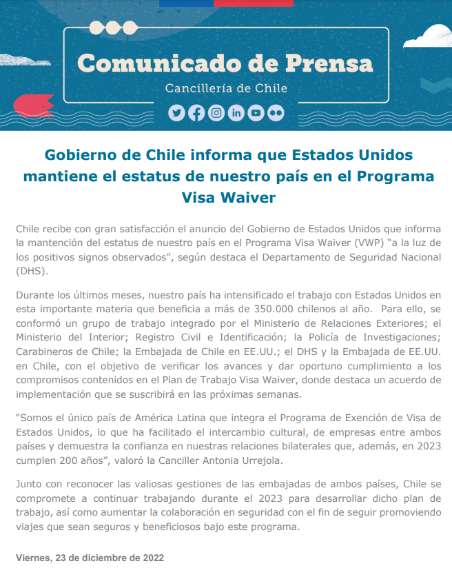 Comunicado oficial Cancillería de Chile.