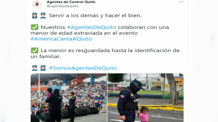 Los agentes de Control custodiaron a la niña que se extravió en un megaconcierto en el sur de Quito. Foto: Twitter Agentes de Control