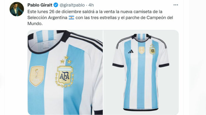 En redes sociales circularon imágenes del que será el diseño de la camiseta de Argentina con la estrella dorada del campeón del Mundial Qatar 2022. Foto: Captura de pantalla