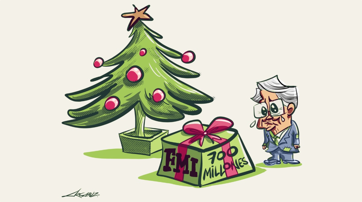 FMI y presidente Guillermo Lasso. Caricatura de Arcabuz de este 17 de diciembre de 2022.