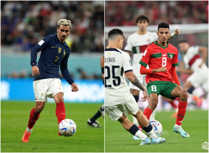 Antoine Griezmann, jugador de Francia, y Azzedine Ounahi, jugador de Marruecos. Foto: Twitter @equipedefrance y @EnMaroc.