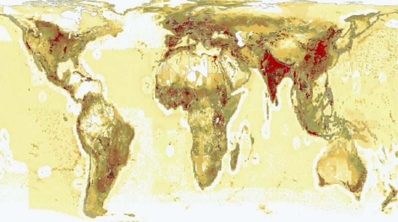 Del beige (menos) al rojo (más), el mapa muestra el impacto global de la producción de alimentos sobre el medio ambiente. India y China ejercen la mayor presión sobre el medio ambiente. Foto: Europa Press.