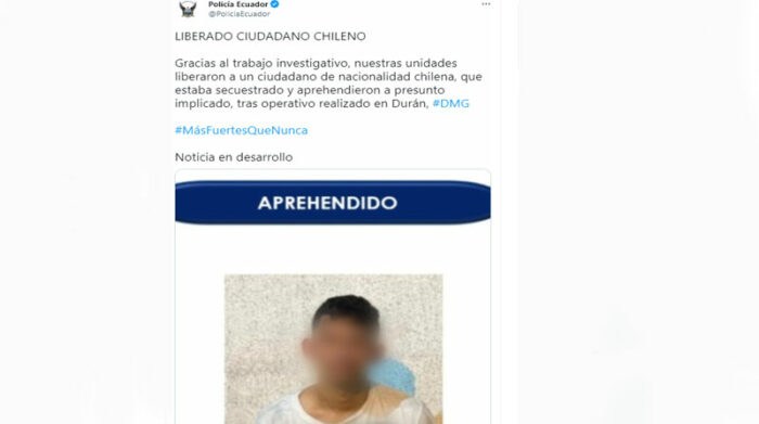 La Policía dijo que hay una persona aprehendida por el secuestro del ciudadano chileno en Daule, Ecuador. Foto: Twitter Policía Ecuador