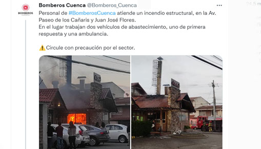 Las personas evacuaron el restaurante y los Bomberos de Cuenca sofocaron las llamas. Foto: Captura de pantalla