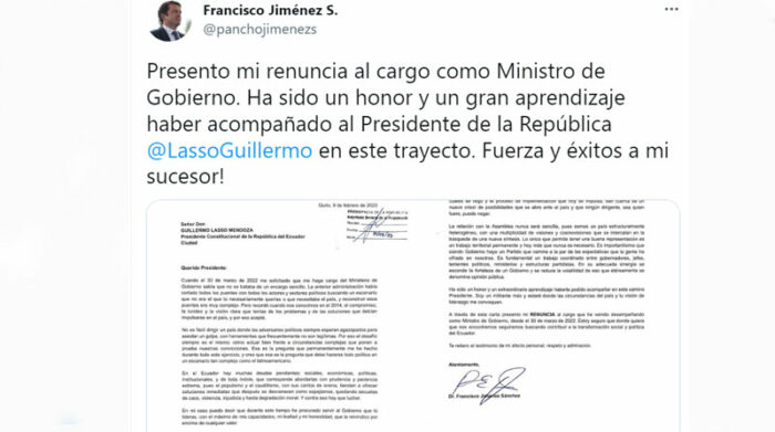 Francisco Jiménez expuso en una carta su renuncia al Ministerio de Gobierno. Foto: Captura de pantalla