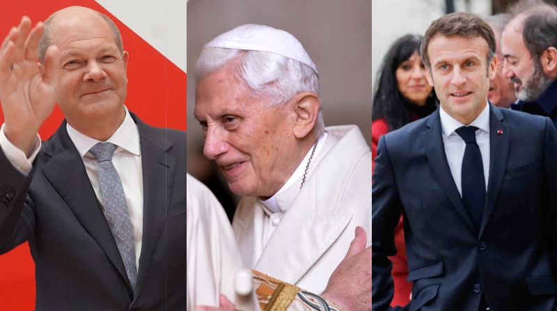 Uno de los primeros en hacer públicas sus condolencias fue el canciller de Alemania, Olaf Scholz (izq.), compatriota de Benedicto XVI y el presidente de Francia, Emmanuel Macron. Fotos: EFE