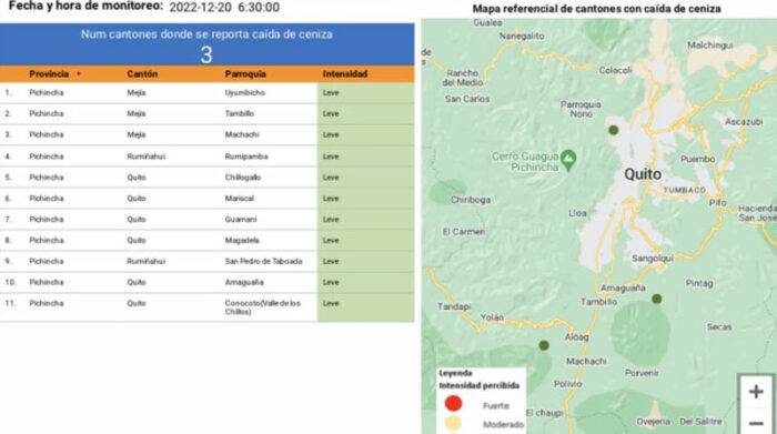 El Servicio de Gestión de Riesgos detalló los lugares donde se reportó la caída de ceniza, este 20 de diciembre de 2022. Foto: Twitter Riesgos Ecuador