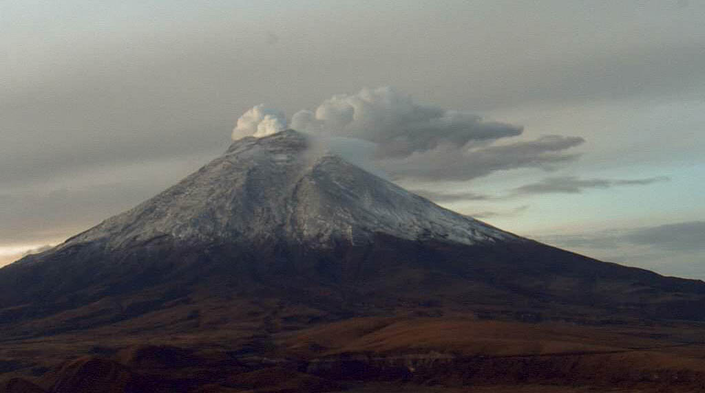 Este martes, 17 de enero, se registra la emisión de una nube de gas y vapor en el volcán Cotopaxi. Foto: Twitter