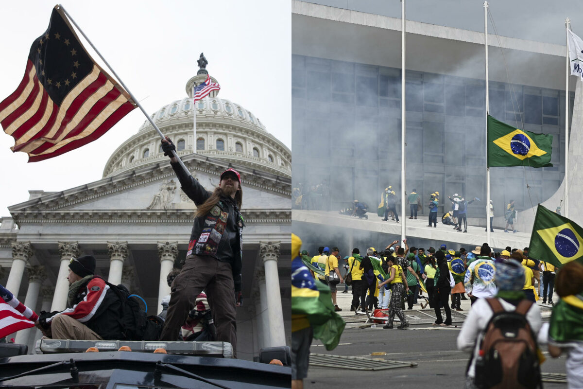 Izquierda, imágenes de la toma del capitolio por trumpistas en 2021. Derecha, ataque a poderes del estado de bolonaristas, 8 de enero de 2022. Foto: EFE