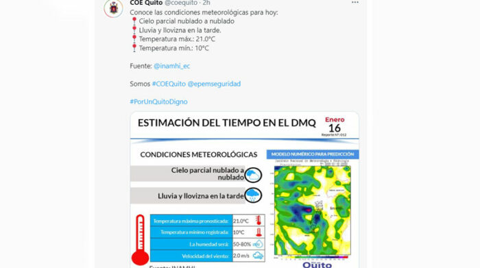Las lluvias se presentarán en la tarde en Quito, según el reporte del Inamhi de este 16 de enero. Foto: Captura de pantalla