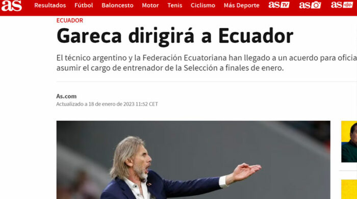 El diario AS de España publicó en su página web el supuesto acuerdo que existiría entre la FEF y Gareca, para que el entrenador sea el DT de la Selección de Ecuador. Foto: Captura de pantalla