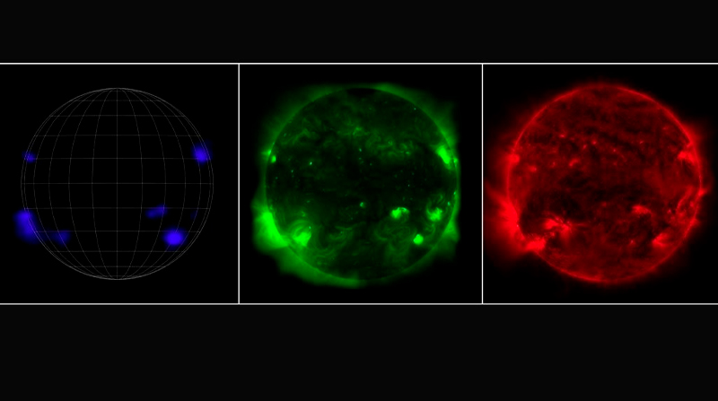 El Sol tiene un aspecto diferente según quién lo mire. Desde la izquierda, el NuSTAR de la NASA ve rayos X de alta energía; la misión Hinode de la JAXA ve rayos X de menor energía; y el Observatorio de Dinámica SolAR de la NASA ve luz ultravioleta. Foto: NASA