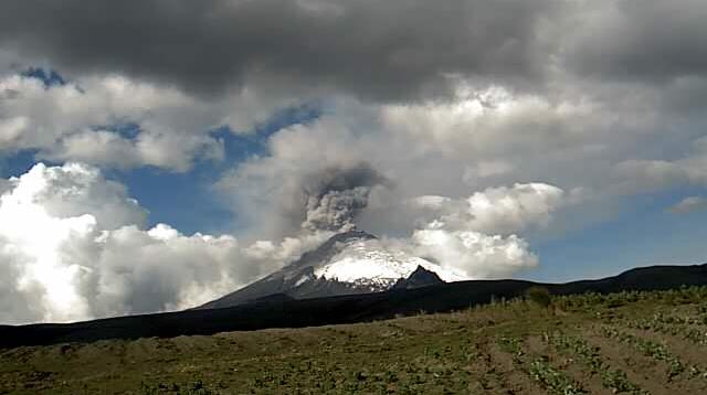 Este viernes, 3 de febrero de 2023, se registra dos nubes de ceniza sobre el volcán Cotopaxi. Foto: Twitter
