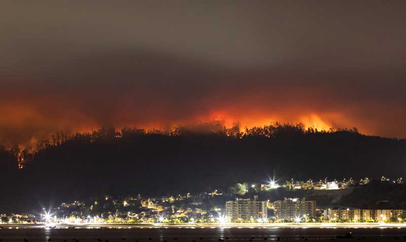 Imagen de un incendio forestal en el sector Dichato de la comuna de Tomé, región del Biobío. Foto: EFE