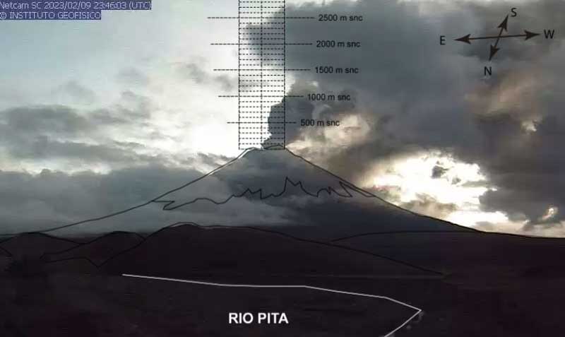 La columna de ceniza del volcán Cotopaxi alcanza 2 000 metros sobre el cráter con dirección al occidente. Foto: Twitter Instituto Geofísico