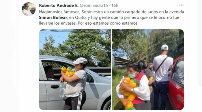 En redes sociales circularon imágenes de las personas que se llevaban las botellas de bebidas, que transportaba un camión volcado en la avenida Simón Bolívar. Foto: Captura de pantalla