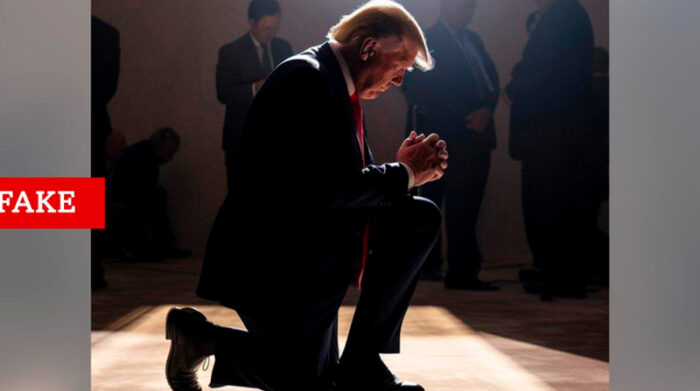 El expresidente de EE.UU. Donald Trump publicó esta imagen de sí mismo generada por la Inteligencia Artifical, pero una mirada más cercana muestra que le faltan dedos. Foto: Truth Social