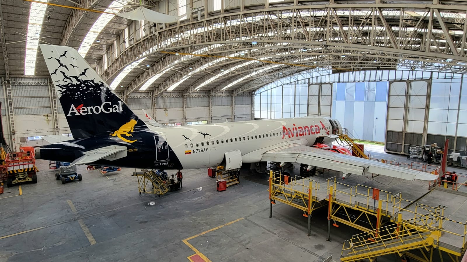 La nave seleccionada para lucir el logo de Aerogal es un Airbus A320, con matrícula N776AV que destaca en su cola la icónica iguana de color amarillo, sobre un fondo azul de fragatas volando. Foto: Cortesía