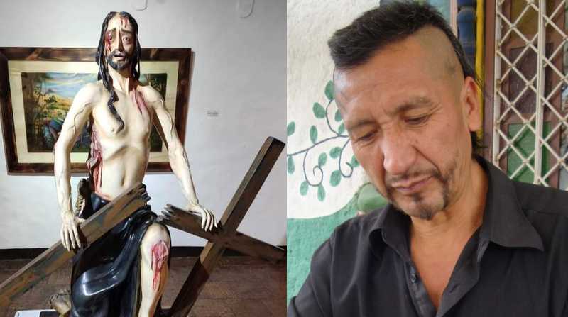 El artista Eduardo Moscoso y una de las esculturas de su última muestra. Foto: Cortesía Facebook del artista