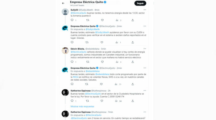 Las personas reportaban los cortes de luz en la cuenta de Twitter de la Empresa Eléctrica Quito. Foto: Captura de pantalla