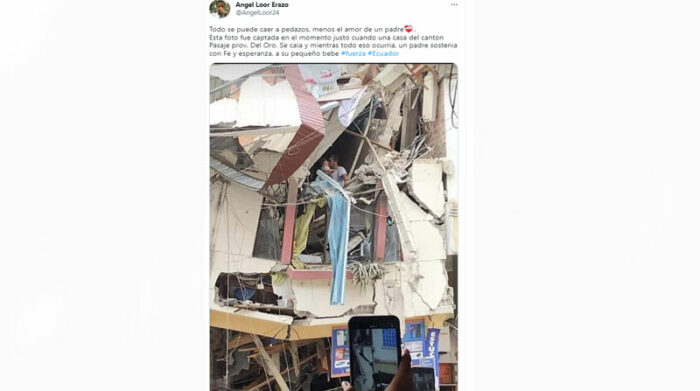 Usuarios de redes sociales consideraron como un "milagro" a la imagen de un padre y su bebé, que sobrevivieron al terremoto en Ecuador. Foto: Captura de pantalla