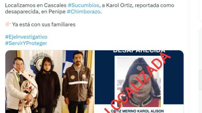 La Policía informó que la adolescente fue localizada en Sucumbíos este 16 de marzo de 2023. Foto: Captura de pantalla