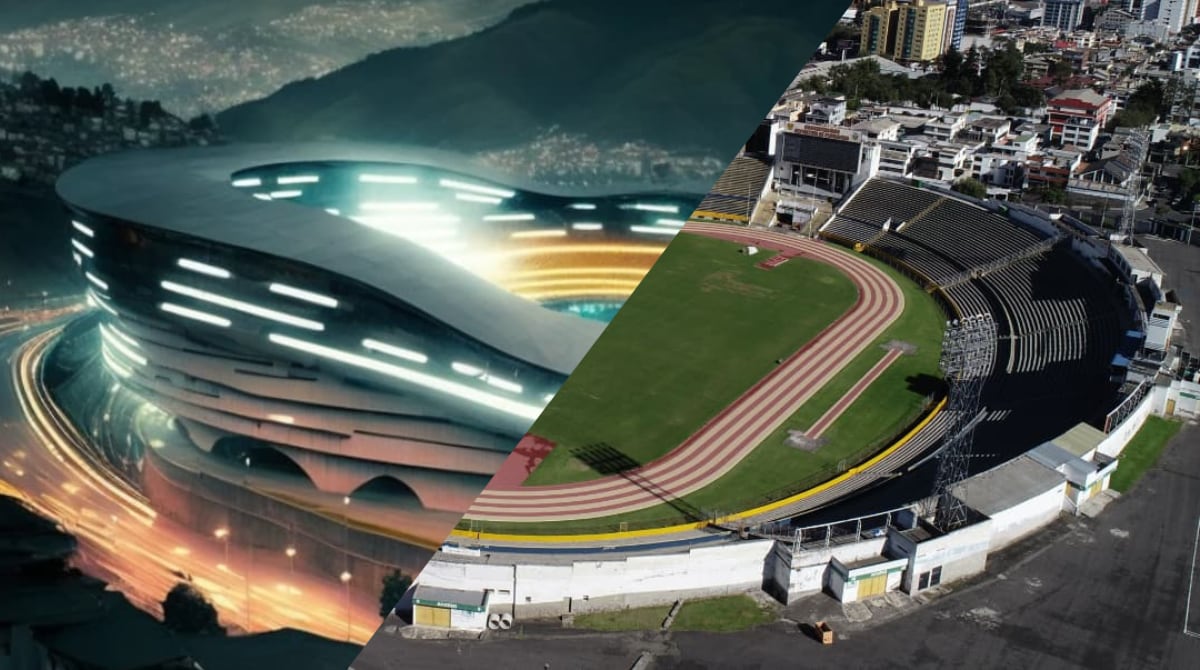 El Estadio Olímpico Atahualpa, en el norte de Quito, creado en inteligencia artificial. Fotos: Andrés Cruz / Archivo EL COMERCIO
