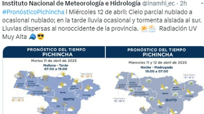 La intensidad del sol se reducirá en Quito en horas de la tarde y dará paso a las lluvias, este 12 de abril de 2023. Foto: Captura de pantalla
