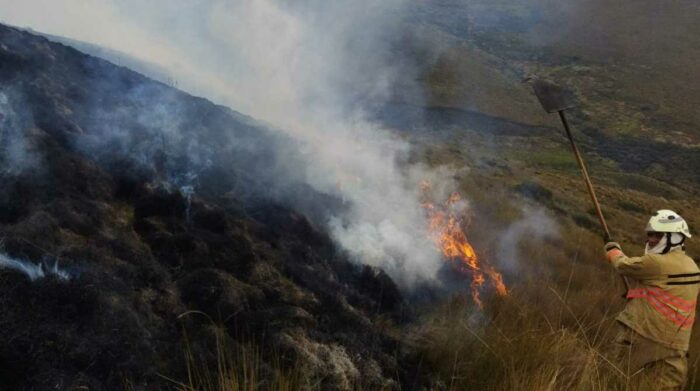 Personal especializado acudió a sofocar el incendio en las faldas del volcán Sincholagua. Foto: Cortesía Cuerpo de Bomberos Mejía