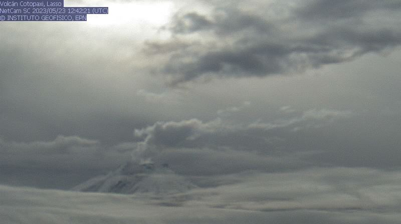 El volcán Cotopaxi estaba parcialmente nublado este 23 de mayo, según imágenes del Instituto Geofísico. Foto: Twitter IGEcuador