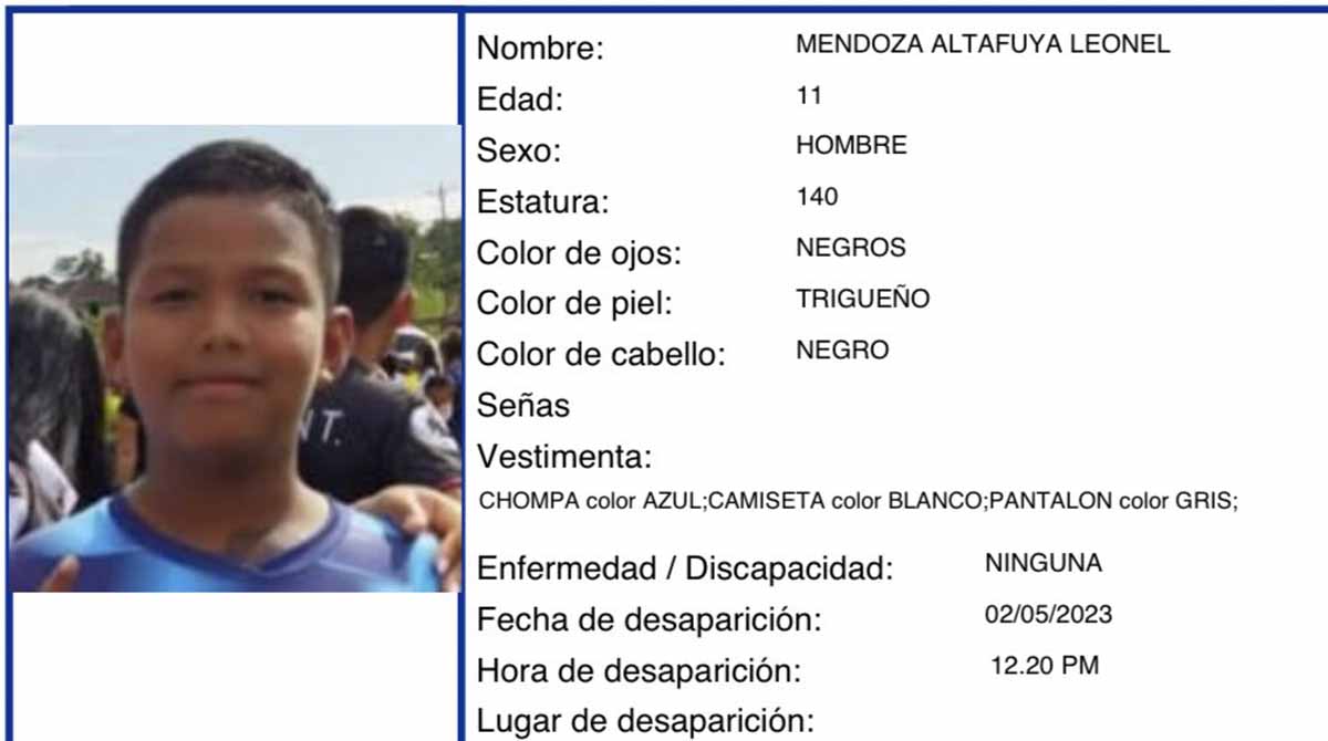 Autoridades activan Alerta Emilia ante la desaparición del niño Leonel Mendoza Altafuya, en Napo. Foto: Twitter