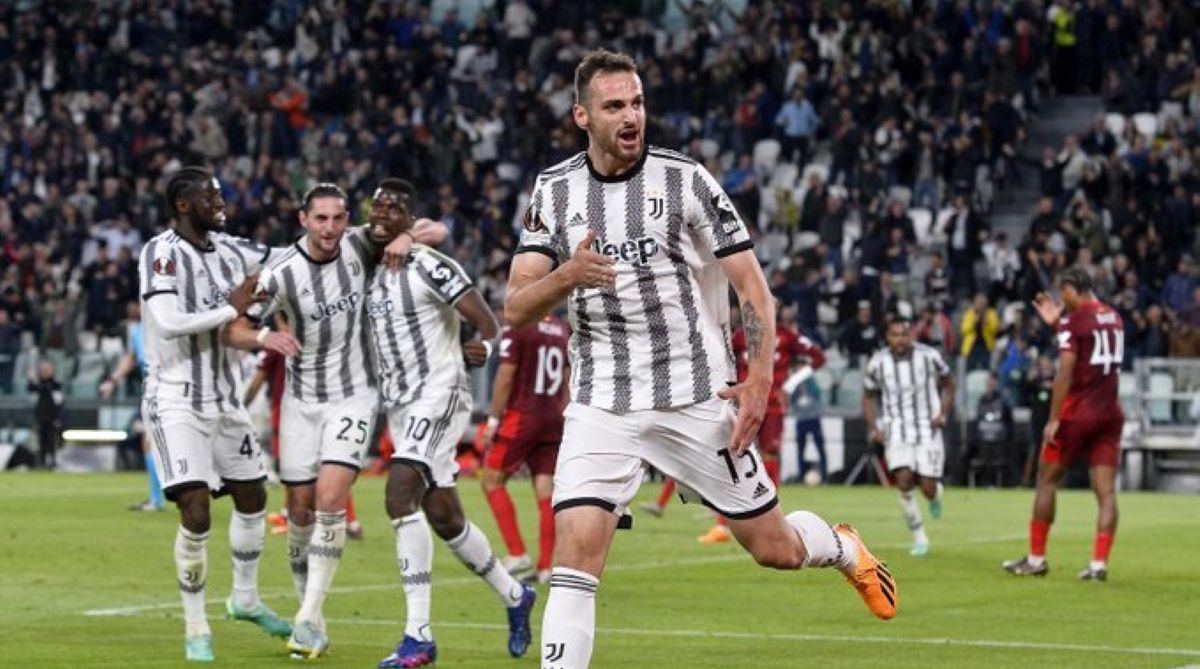 Federico Gatti festeja el gol de Juventus ante Sevilla en la Europa League. Foto: @juventusfc