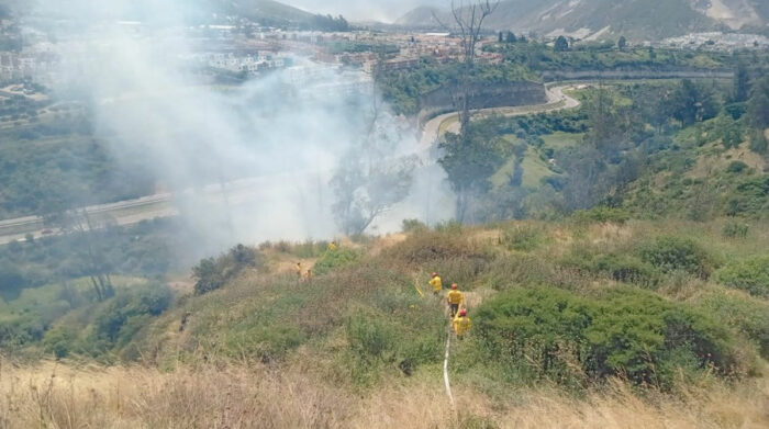El incendio forestal en el sector de La Josefina, en Carcelén Bajo, fue controlado por los Bomberos de Quito. Foto: Twitter Bomberos Quito