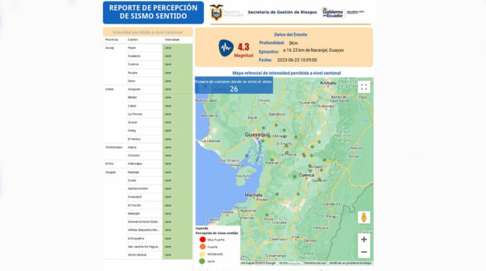 Reporte de percepción del sismo de este 23 de junio de 2023, emitido por la Secretaría de Riesgos. Foto: Twitter Riesgos Ecuador